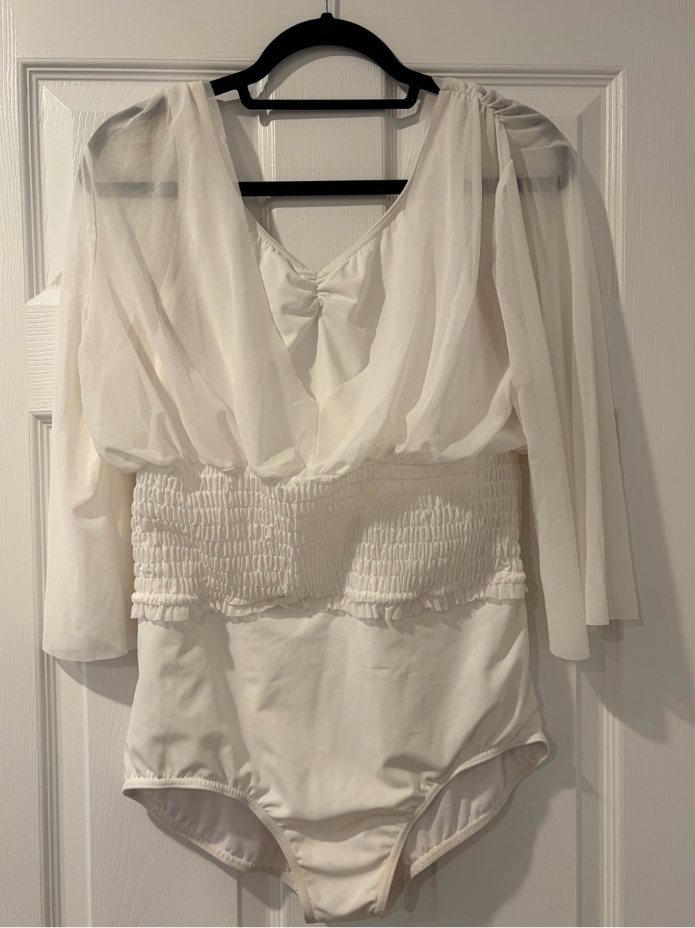 Balera White Smocked Flutter Sleeve Leotard